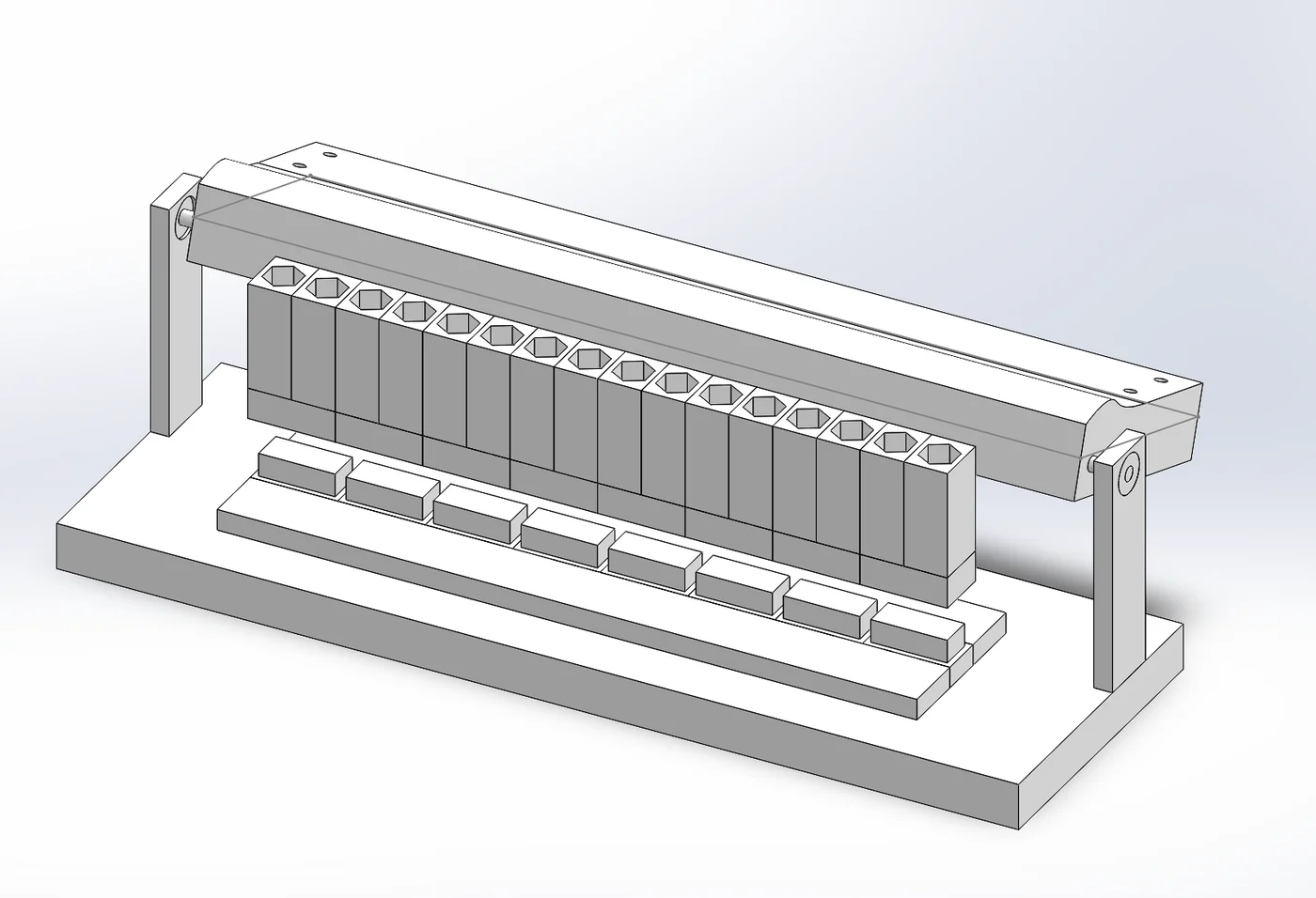 CAD model of the Lab Helper capper, showing the hinged press above a rack holding a row of tubes