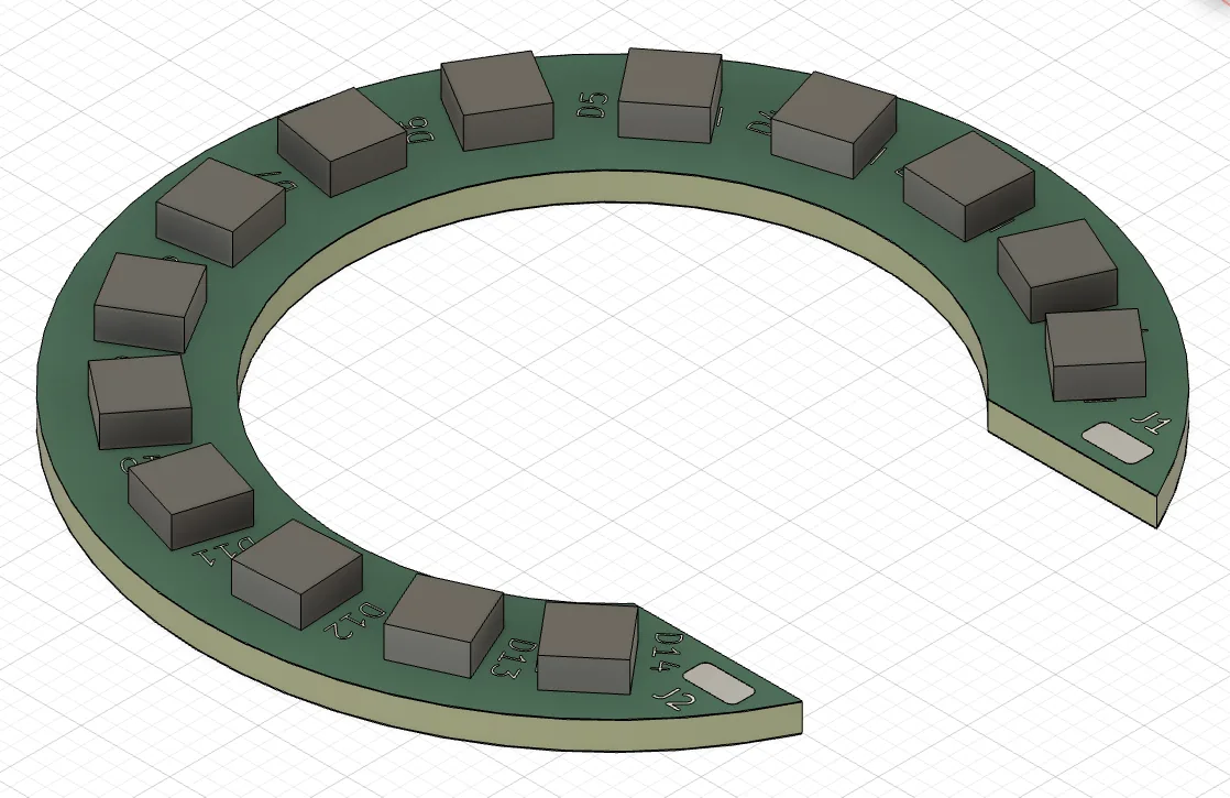3D render of the first version of the LED board: a C-shaped arc with LEDs mounted along it