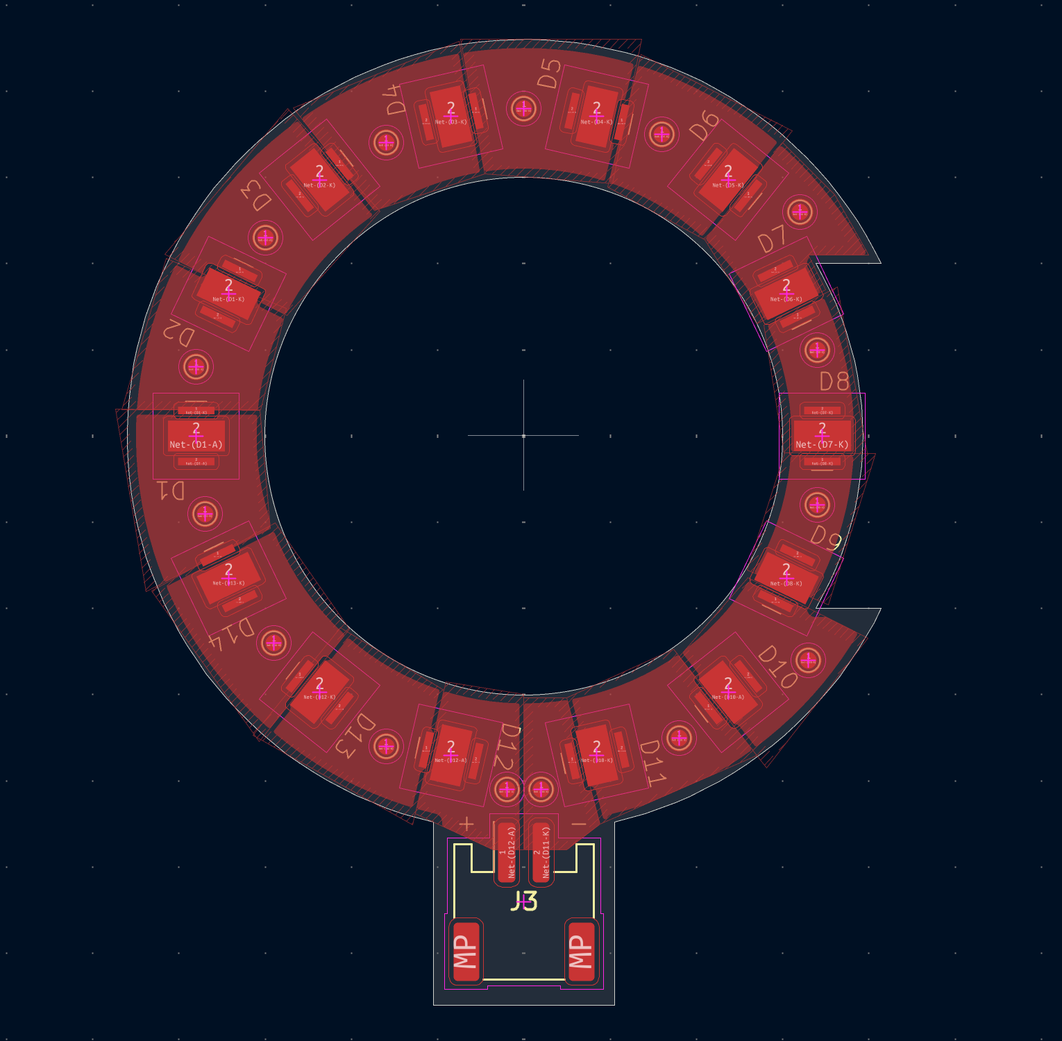Copper layer view of the ring board, showing the wide copper pours that connect neighboring LEDs in series and spread their heat
