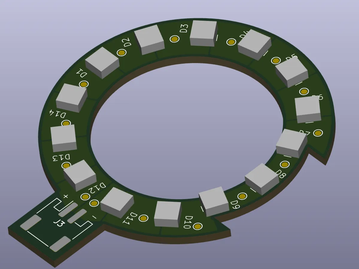 3D render of the completed ring-shaped LED board, with LEDs mounted around the ring and a connector tab at the base